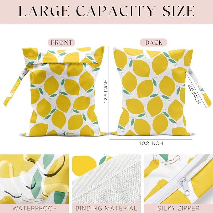 4Pcs Waterproof Wet Bag for Swimsuit, Travel Beach Wet Dry Bag, Hidden Zipper Reusable Lemon Pineapple Banana Orange Decor, for Travel Beach Wet Swimsuits Toiletries Diapers Laundry Bag