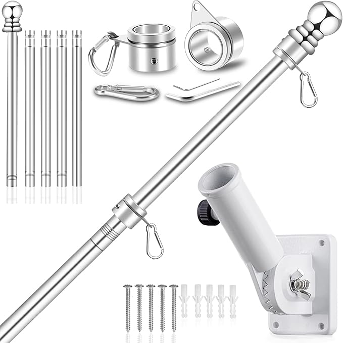 6 FT Flag Pole Kit with Mutil-Position Adjustable Bracket & Metal Tangle Free Flagpole Rings, 1" Thicken Stainless Steel O...