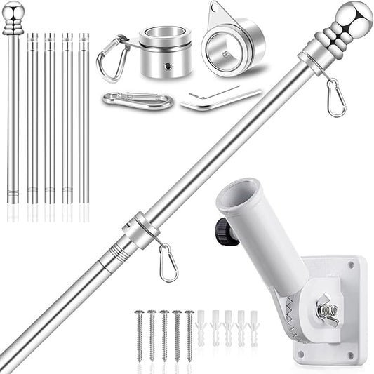 6 FT Flag Pole Kit with Mutil-Position Adjustable Bracket & Metal Tangle Free Flagpole Rings, 1" Thicken Stainless Steel O...
