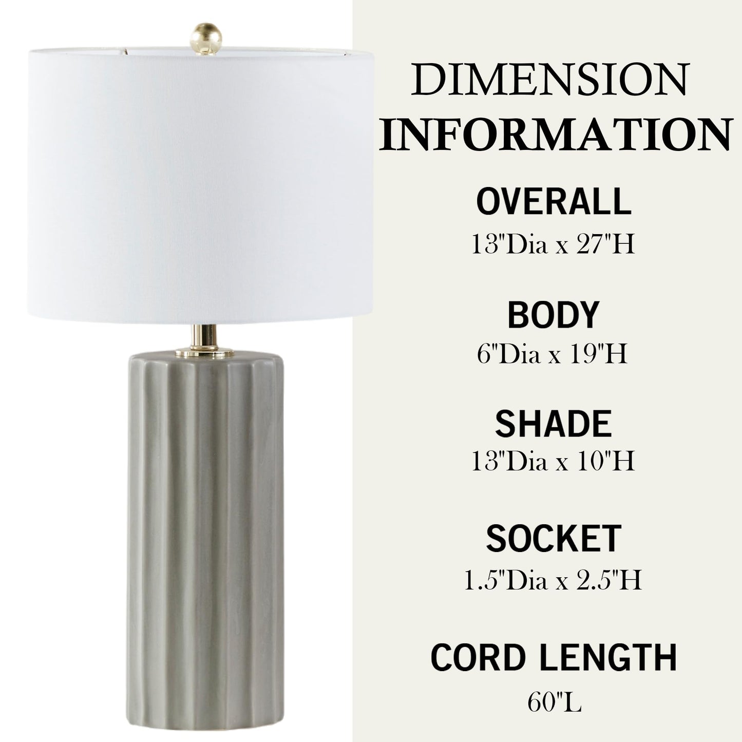 Ink+Ivy Ceramic Fluted Table Lamp - 27 Grey Nightstand Lamp With Linen Shade, Rotary Switch, Accent Decor