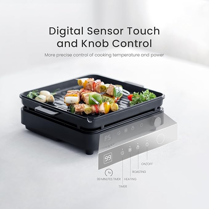 Portable Induction Cooktop 1500W with Grill Pan & Rack, Sensor Touch Hot Plate for Countertop, 6 Temp Levels, Auto Shut-Off, LED Display, Pot Detection, Electric Burner for Indoor BBQ & Cooking