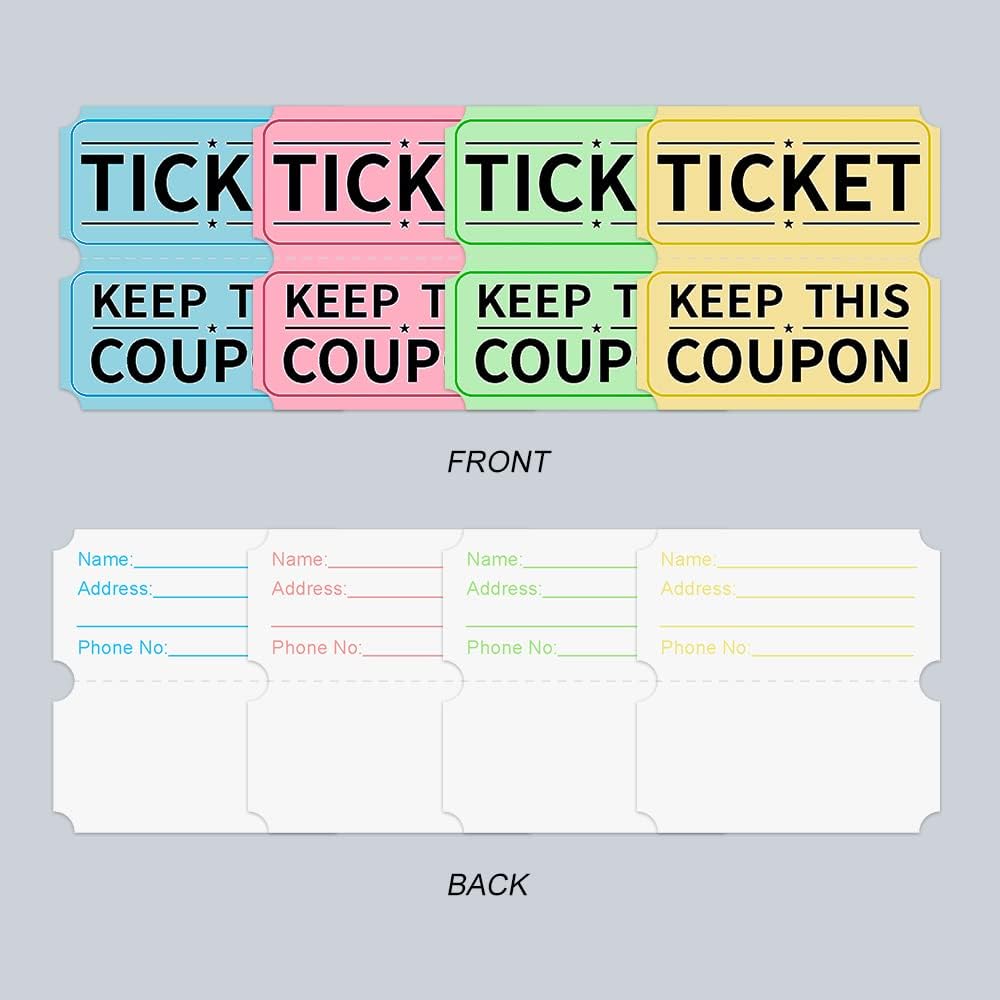 ESSENTIAL 8000 Assorted Double Raffle Tickets Rolls Set of 4 Assorted Colors Raffle Tickets Printable for Leisure, Movie Watching, Entertainment