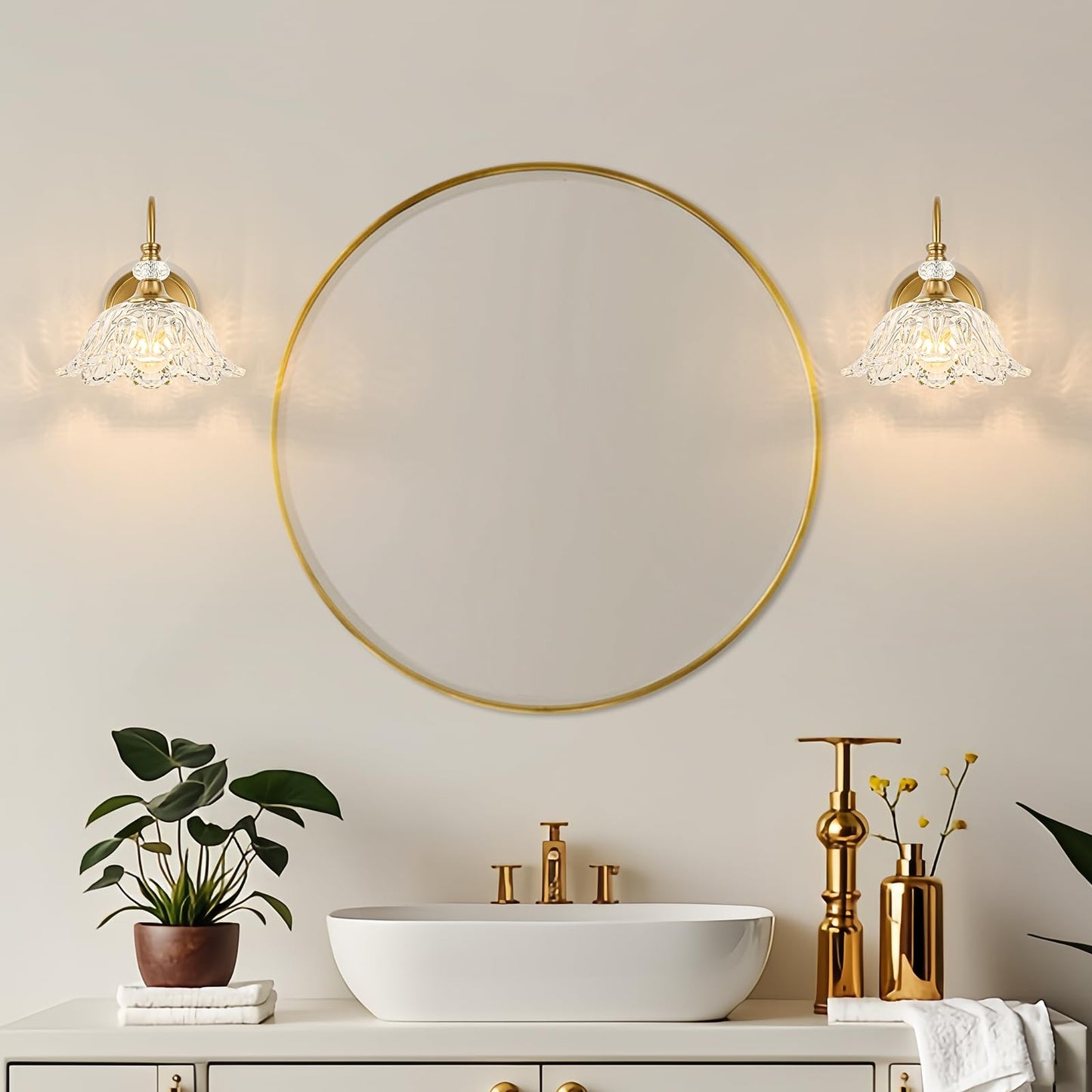 Sunkryster 1 Piece Gold Wall Sconce With Floral Clear Glass Shade  Brushed Gold Finish Wall Mount Lighting For Bathroom Vintage Bathroom Vanity Light Fixtures