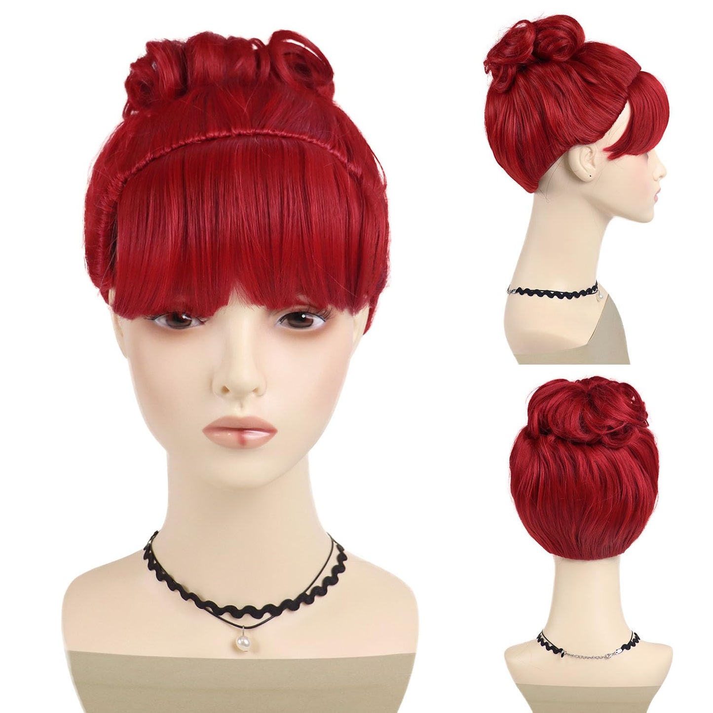 GNIMEGIL Hot Red Wig with Bangs Bun for Women Miss Dead Receptionist Costume Wigs Weaving Cap for Halloween Argentina Costume Co