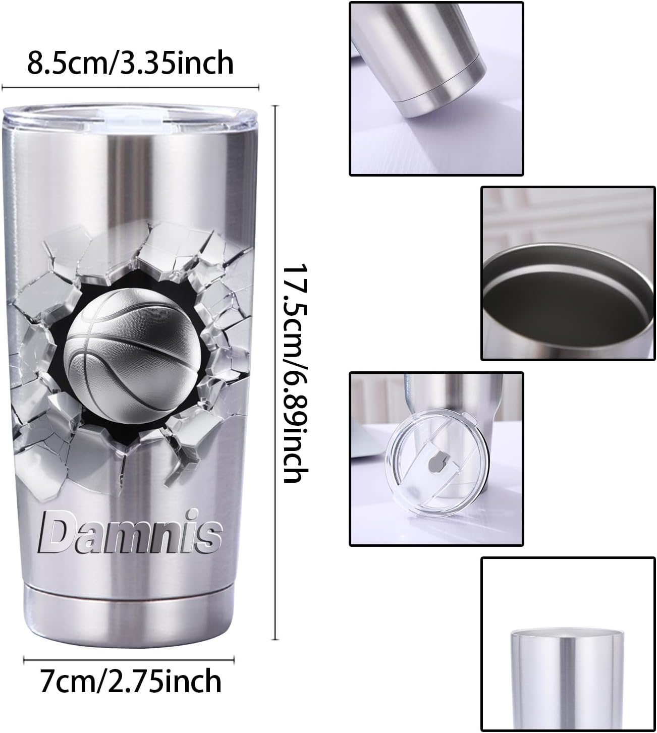 Personalized basketball Ball With 3D Cracked Wall Stainless Steel Silver Tumbler Mug, Custom Name Sport basketball Lovers Player Tumbler Mug,Customized Father's Day Birthday Sport Gift For Dad Men