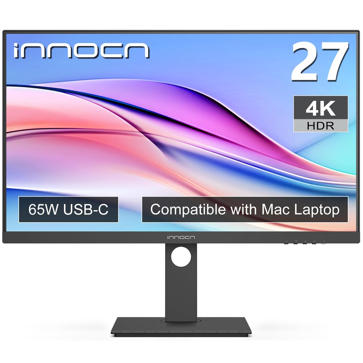INNOCN 27 Inch 4K Monitor Computer UHD 3840 x 2160 LCD IPS Display, HDR400, USB C 65W, DP, HDMI, PC Monitor for Mac Laptop, 1.07B+ Colors, Built-in Speakers, Pivot/Height Adjustable Stand, Black