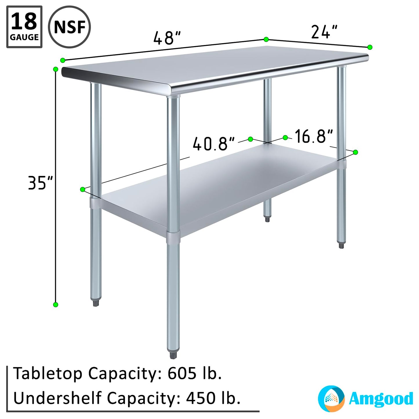 AmGood 24 in. x 48 in. Stainless Steel Work Table | Metal Kitchen Food Prep Table | NSF