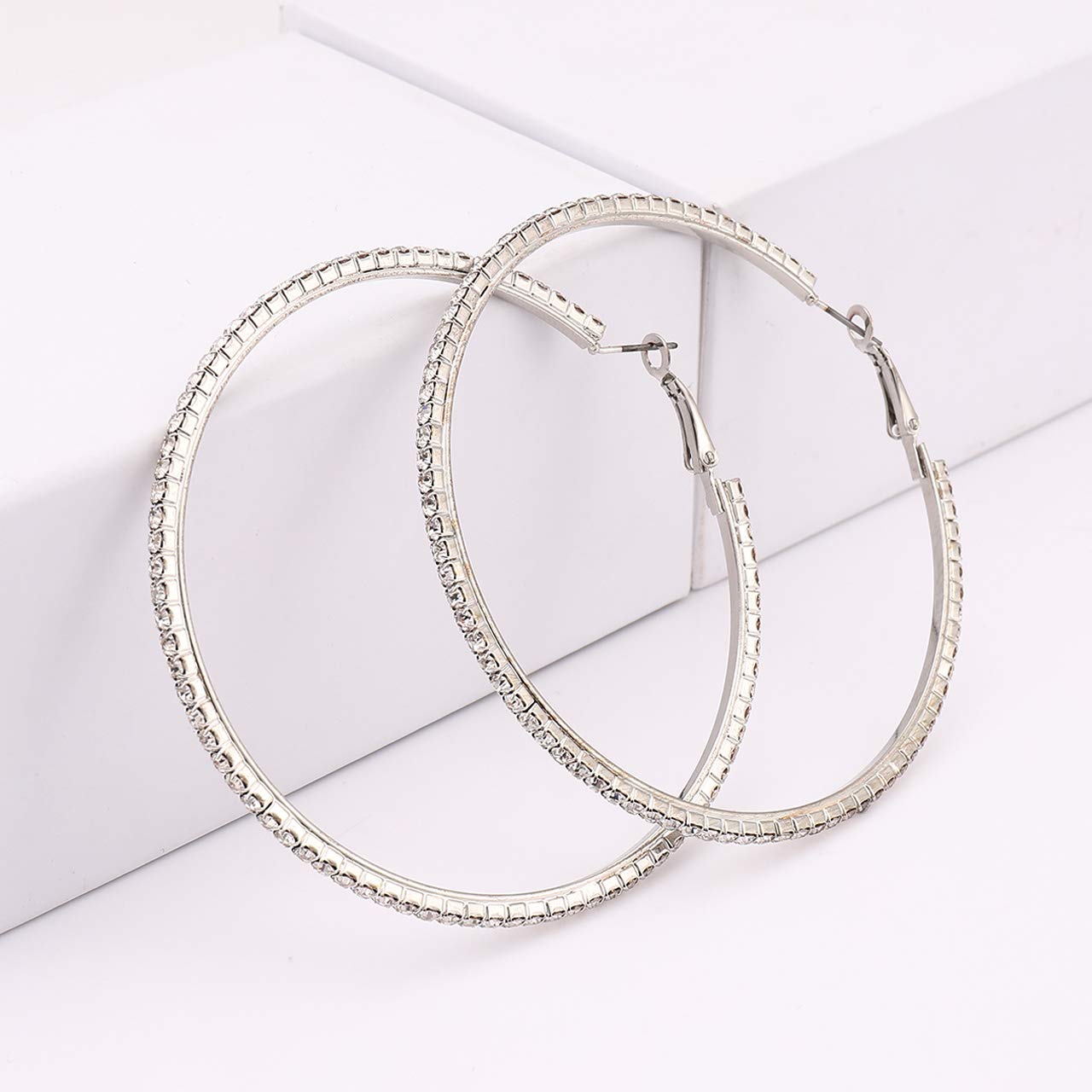 BSJELL Hoop Earrings for Women Silver Large Cubic Zirconia Hoop Earrings Big Circle Stud Earrings Crystal Bridal Wedding Fashion