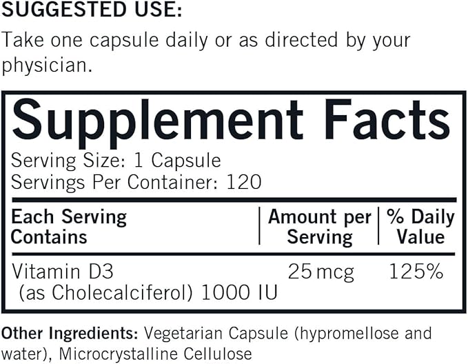 Kirkman - Vitamin D3 1000 IU - 120 Capsules - Supports Immune Health - Helps Build Strong Bones - Hypoallergenic