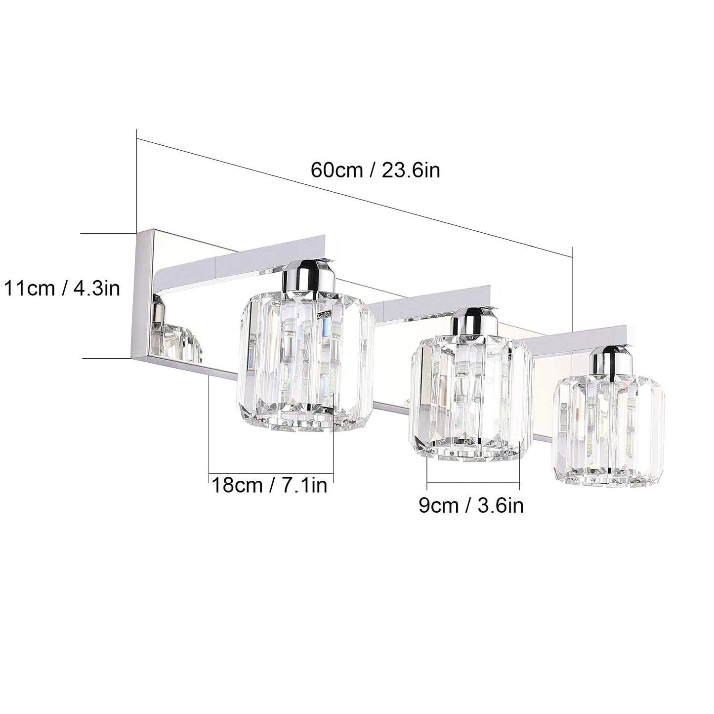 Aipsun Crystal Vanity Light Fixture - Modern 3-Light Wall Light For Bathroom, Chrome, 23 Inch, Model 8460