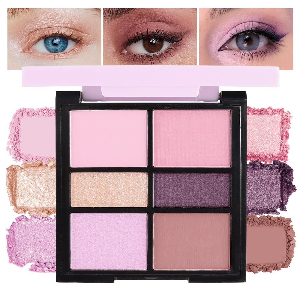 WanTuoluo 6-Color Pink Champange Purple Matte & Shimmer Eyeshadow Palette with Mirror - Highly Pigmented, Long-Lasting Eye Makeu