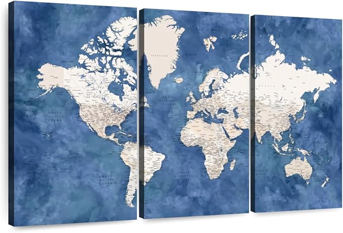 ElephantStock Detailed World Map With Cities I Wall Art - Horizontal Canvas - 3-Piece Living Room Decor - Watercolor Map Canvas Print - Beige and Blue Wall Decor by Blursbyai - 23" X 14"