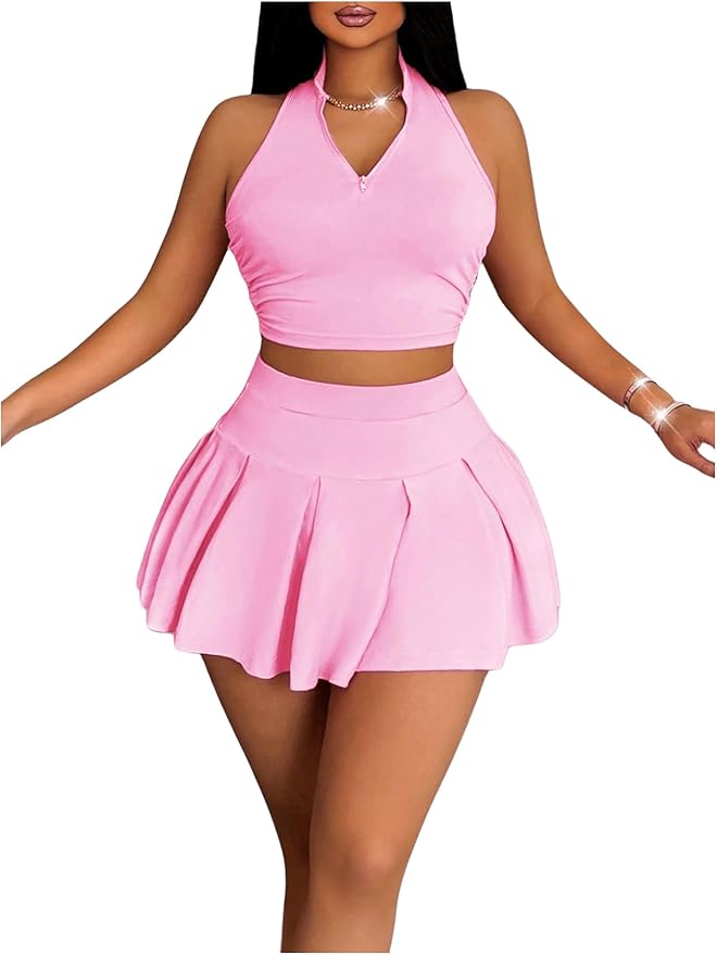 RoseSeek Women's 2 Piece Tennis Skirt Set Sleeveless Racerback Crop Tank Tops High Waisted Pleated Mini Skirt Outfits
