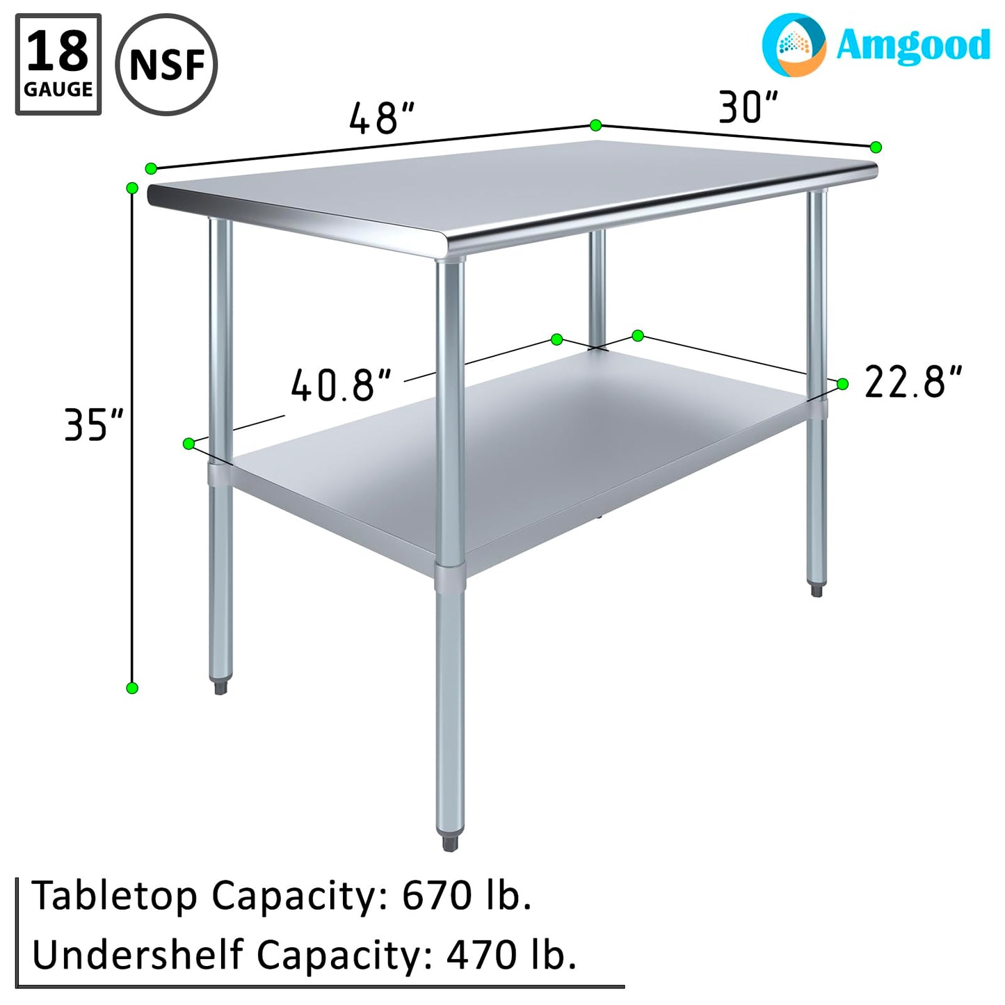 AmGood 30 in. x 48 in. Stainless Steel Work Table | Metal Kitchen Food Prep Table | NSF