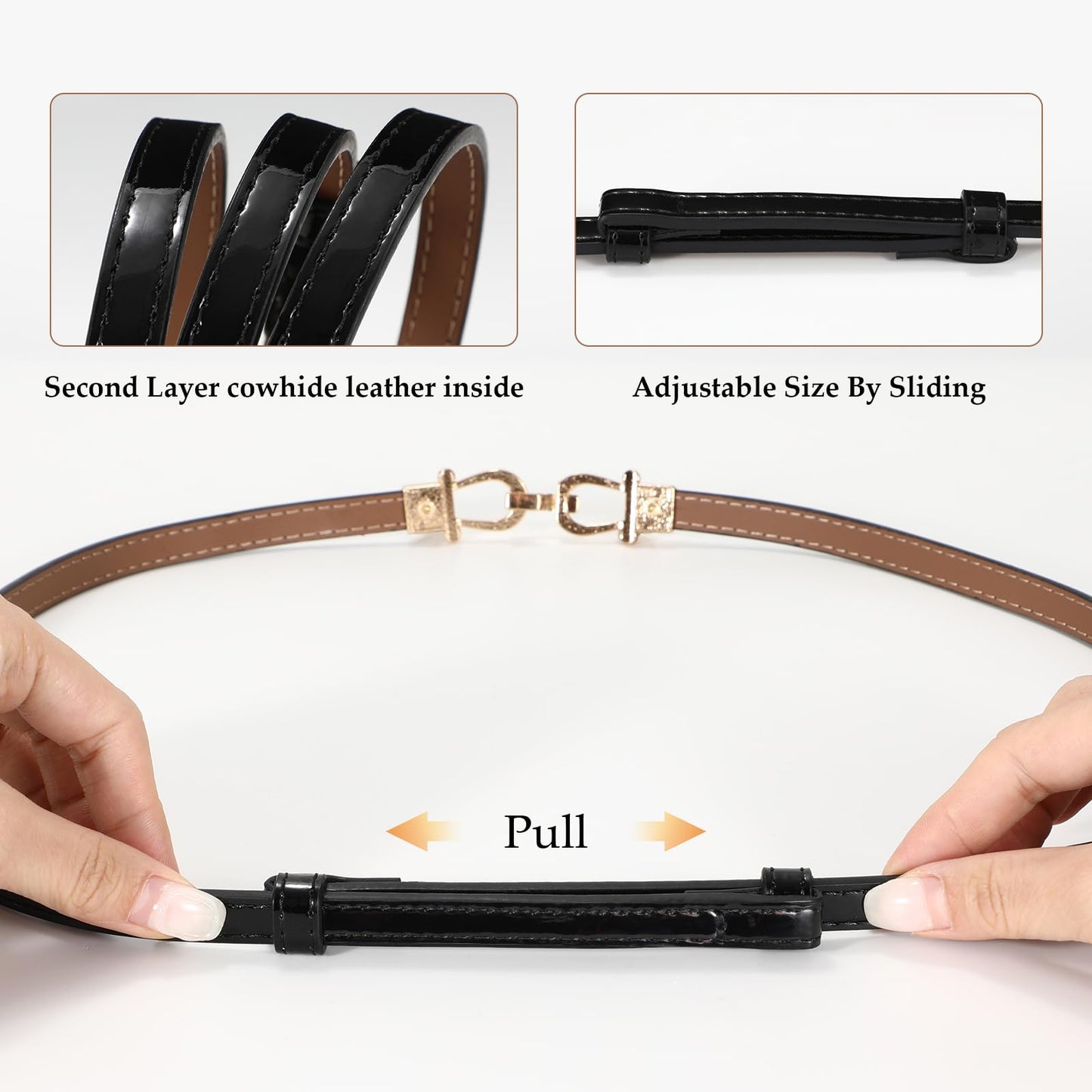 WERFORU 2 Pack Women Skinny Belt for Dress,Thin Waist Belt - Adjustable Leather Belt with Gold Buckle, Brown+Black, Fit Waist Size below 37 Inches-