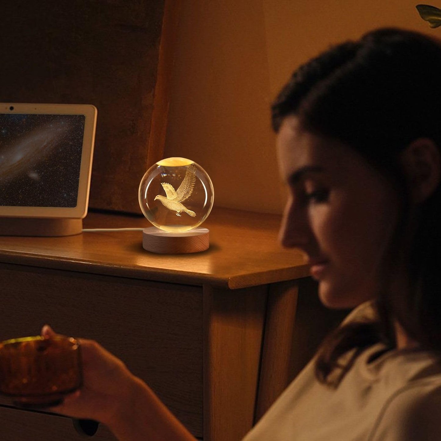 Flexzion 3D Bird Crystal Ball Night Light - Led Light Hologram Glass Lamp W/Solid Wood Base  Usb Powered Crystal Ball Lamp W/Adjustable Brightness For Home Decor Display Gift  3.15 Inch (80Mm)