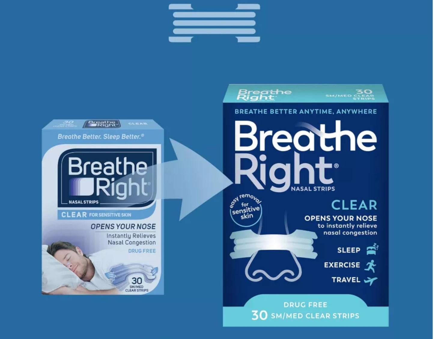 Breathe Right Nasal Strips, Small/Medium, Clear, 30 Count (Pack of 3)