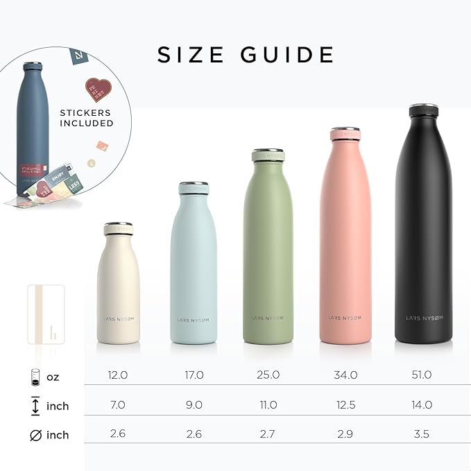 LARS NYSØM Stainless Steel Insulated Water Bottle 12oz 17oz 25oz 34oz 51oz | BPA-free Insulated Thermo Flask for Hot and Cold Beverages | Leakproof Drinking Bottle (Capulet Olive, 34oz)