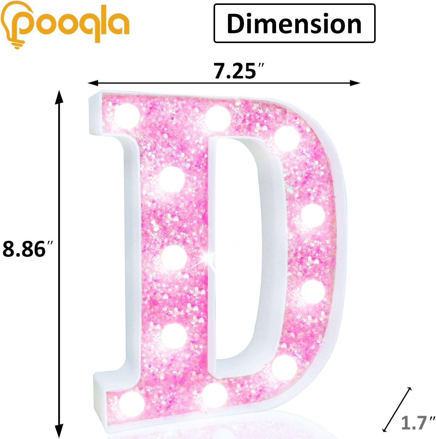 Pooqla Led Marquee Letter Lights  Light Up Letters Glitter Letter Sign Girls Gift  Battery Powered Night Light Pink Birthday Party Room Wedding Christmas Girls Bedroom Dorm Decoration  Cool White D