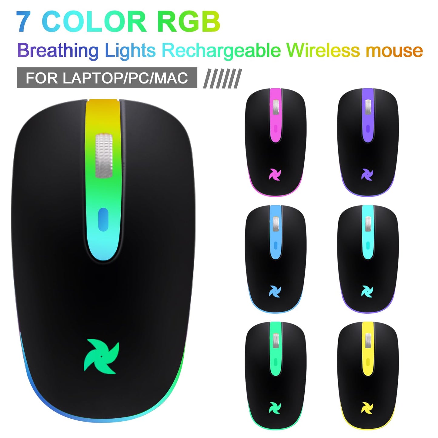 HZD LED Wireless Mouse, Slim Silent Rechargeable Mouse, 2.4G Portable USB Optical Mouse with Type C Adapter, 3 Adjustable DPI Levels 1600/1200/800 for Laptop/Tablet/Computer