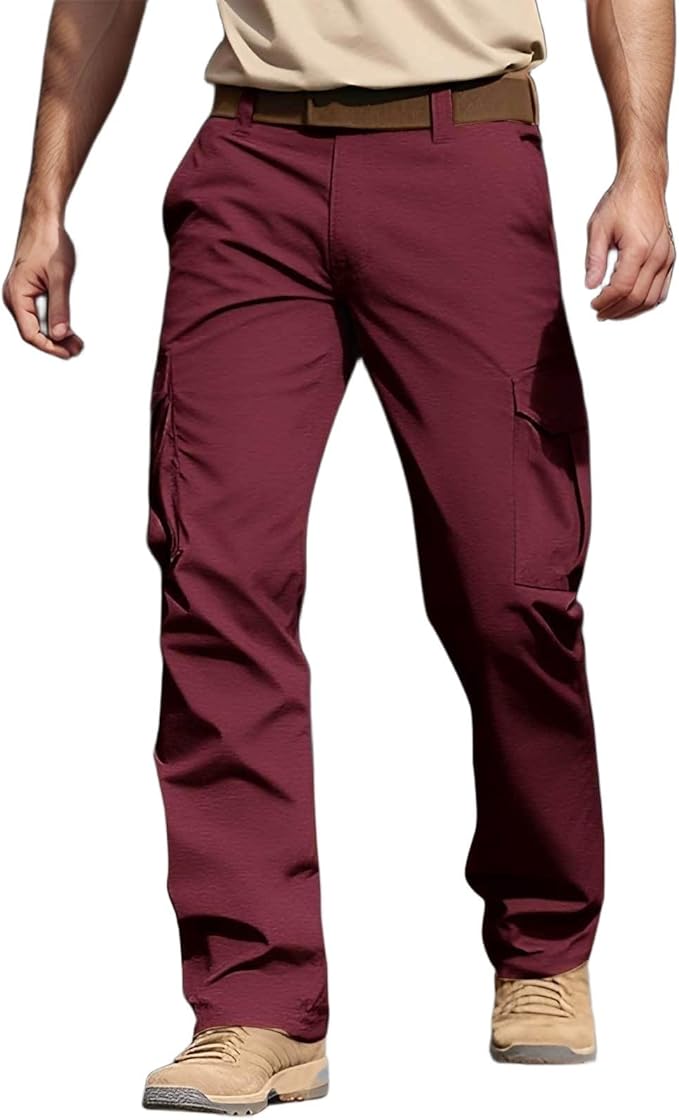 Men's Wide Leg Cargo Pants High Elastic Waist Cotton Drawstring Pants Casual Comfort Lightweight Hiking Trousers with Pocket