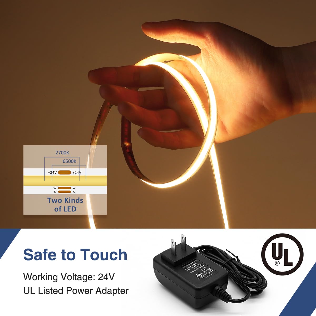 Ustarus COB LED Strip Light 16.4FT 24V Dimmable 2700K-6500K White Model ULS-A