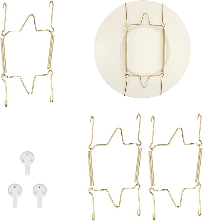 uxcell 3pcs Plate Hangers for The Wall, 7 Inches Stainless Steel Wire Plate Holders with Traceless Nail Displaying Plates Dish DIY Craft, Golden