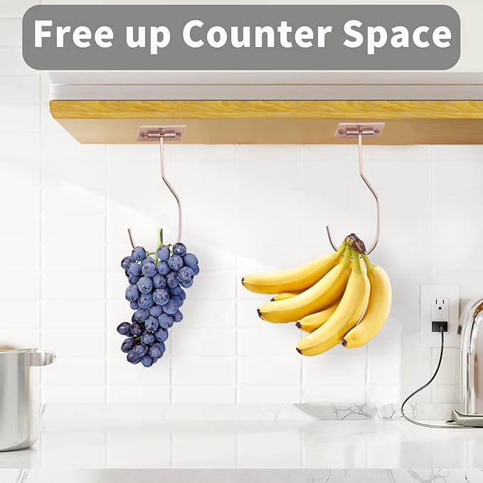 Self-Adhesive Banana Hooks, Foldable Magnetic Hanger Under Cabinet, Sturdy Metal Banana Holder for Kitchen, Space-Saving Design to Keep Bananas Fresh 3 Pieces Rose Gold