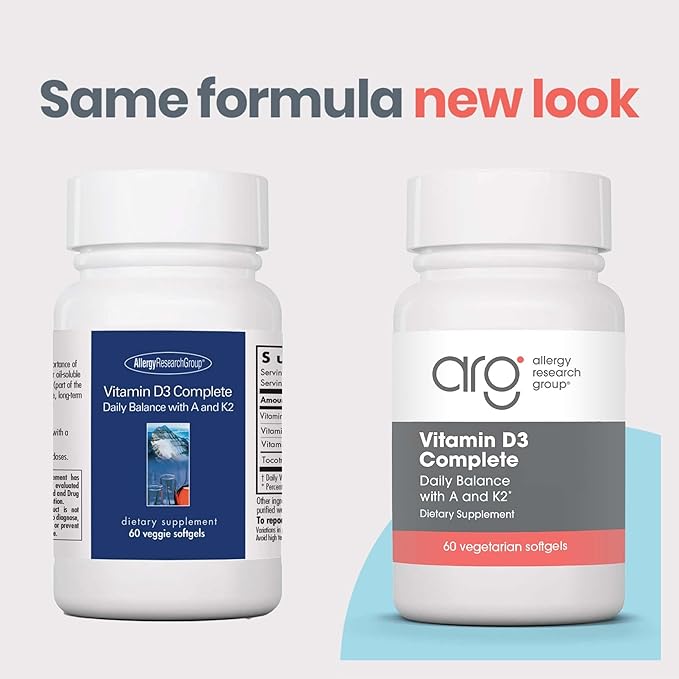 Allergy Research Group Vitamin D3 Complete - Vitamin D3 and K2 Supplement, Daily Balance, with Vitamin A, DeltaGold Tocotrienols, High Potency, Veggie Softgels - 60 Count