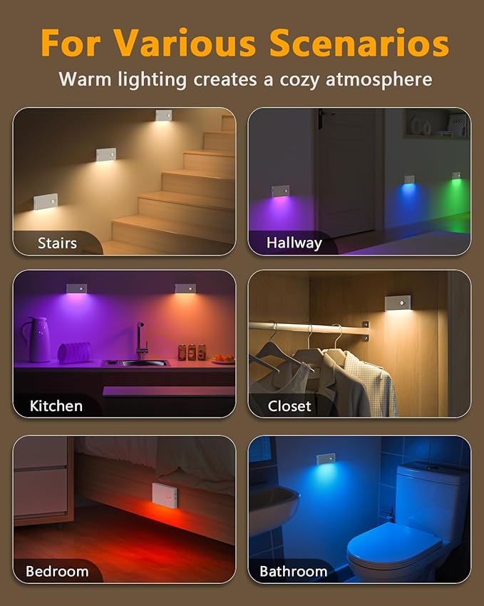 WILLED Stair Lights Indoor RGB & Warm White,Rechargeable Motion Sensor Night Light,Wireless Motion Sensor Lights Indoor for Stair,Bathroom,Hallway,Kitchen,Closet,Cabinet,Bedroom,Kids' Room