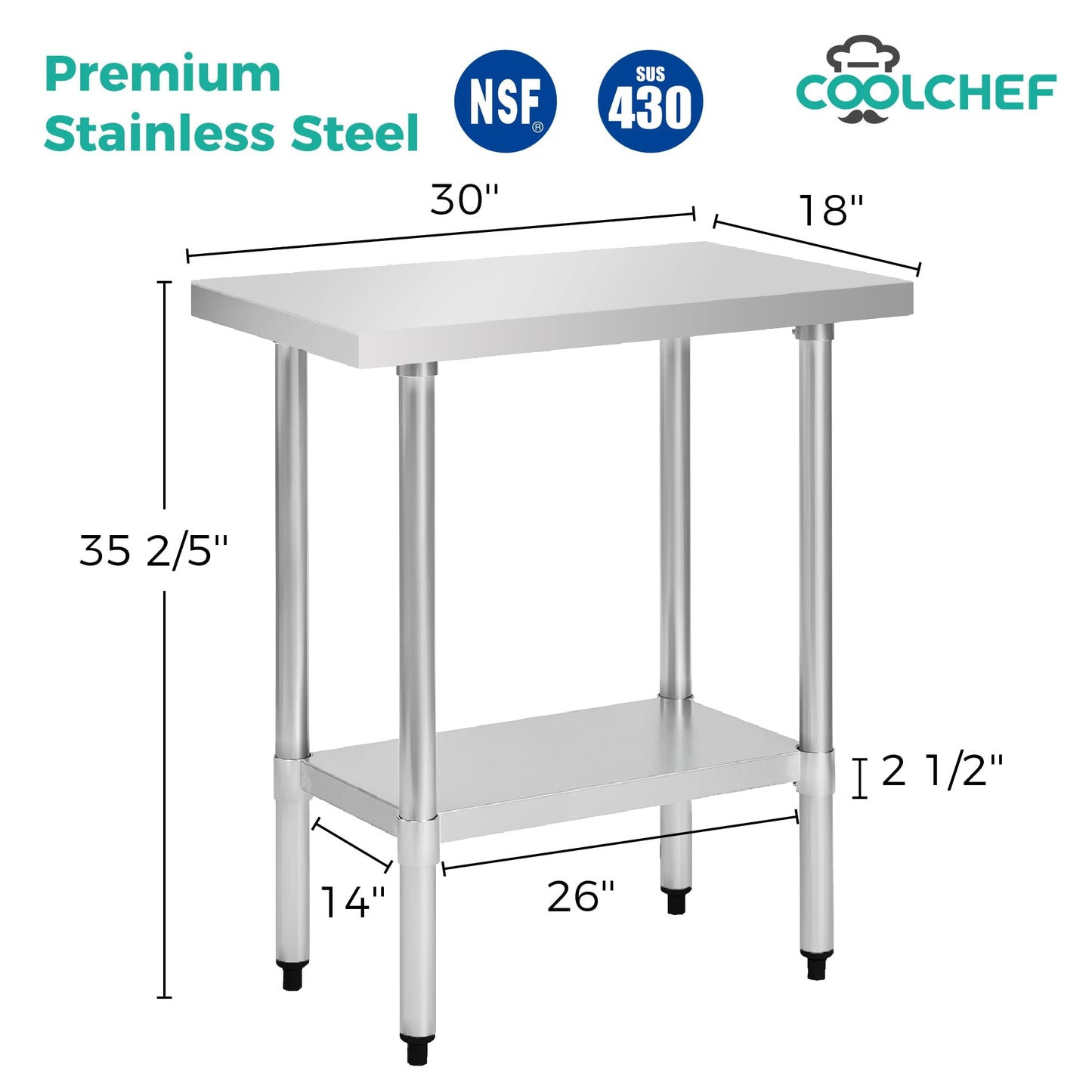 Okeyolive Stainless Steel Work Table 18 x 30 Inch, NSF Commercial Prep Table with Undershelf, Heavy Duty Food Prep Workstation