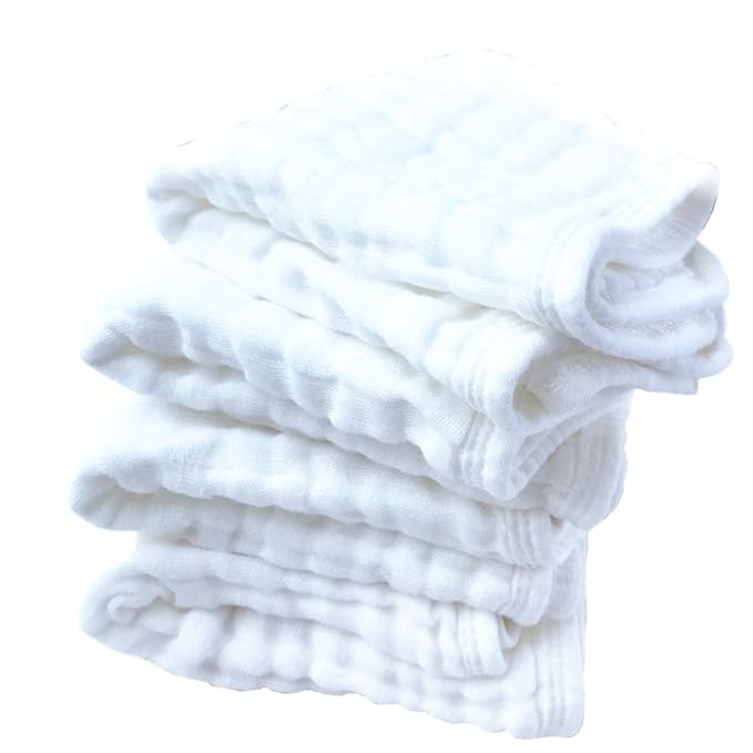 Synrroe Burp Cloths Large, Muslin Burp Cloths for Baby, Extra Absorbent and Soft, 6 Layers 20 by 10 Inches 100% Cotton (White Large 4 Pack)
