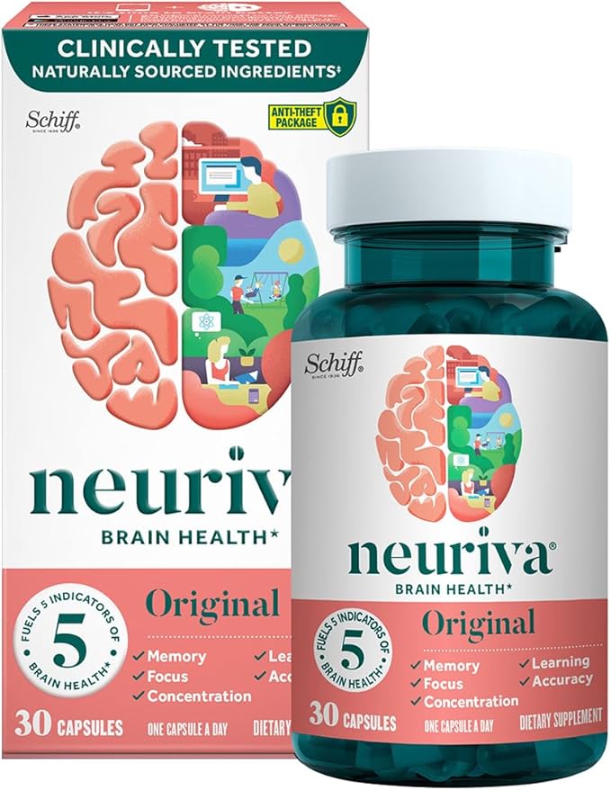 NEURIVA Original Brain Supplement for Memory, Focus & Concentration + Learning & Accuracy with Clinically Tested Nootropics Phosphatidylserine and Neurofactor, Caffeine Free, 30 Capsules (2 Pack)