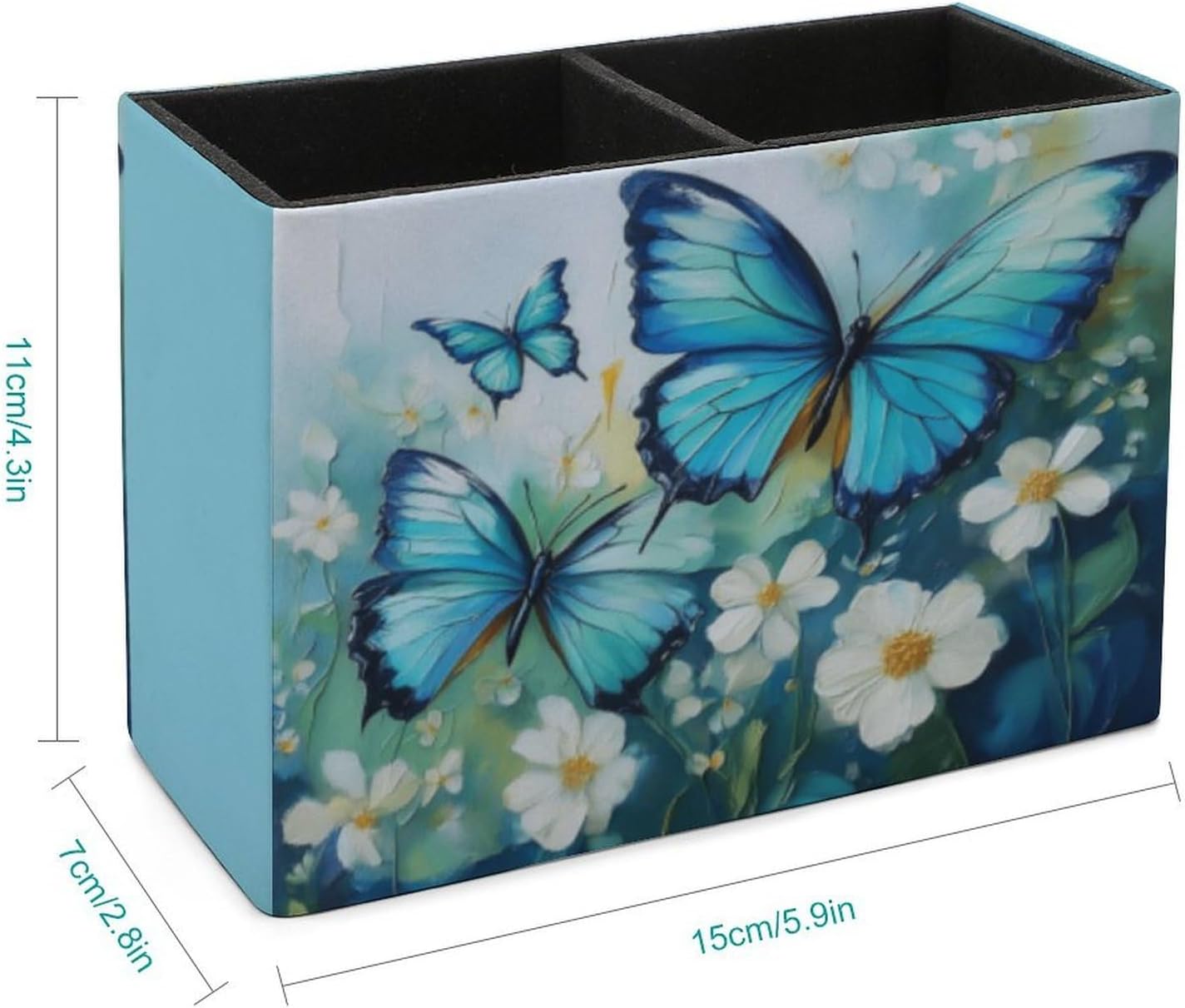 Blue Butterfly Floral Lether Pen Holder for Desk Makeup Brush Holder Office Organizer Desk Accessory for School Office