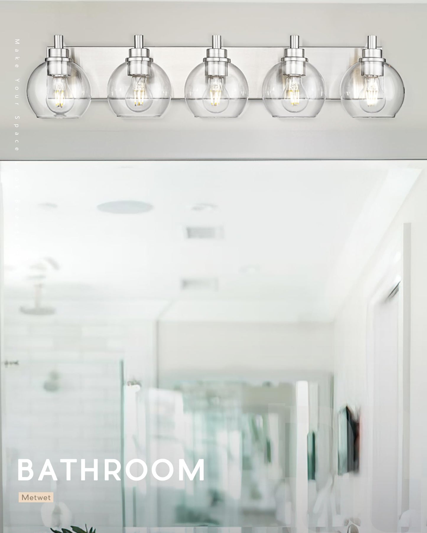 Metwet Bathroom Light Fixtures  5 Light Brushed Nickel Vanity Light  32 Inch Modern Wall Sconces With Globe Clear Glass Shade  Vanity Lighting Fixtures Over Mirror  Vl195-Bn-Cl-5