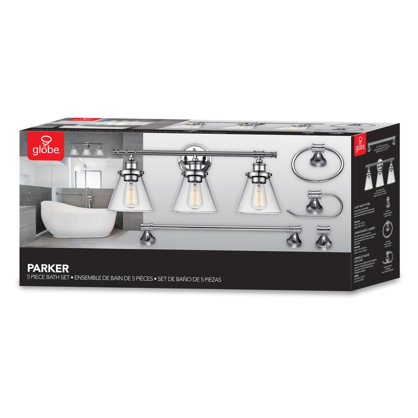 Globe Electric 51234 5-Piece All-In-One Bathroom Set  Chrome  23 3-Light Vanity Wall Light With Clear Glass Shades  Towel Bar And Ring  Robe Hook  Toilet Paper Holder  Beauty Room Accessories