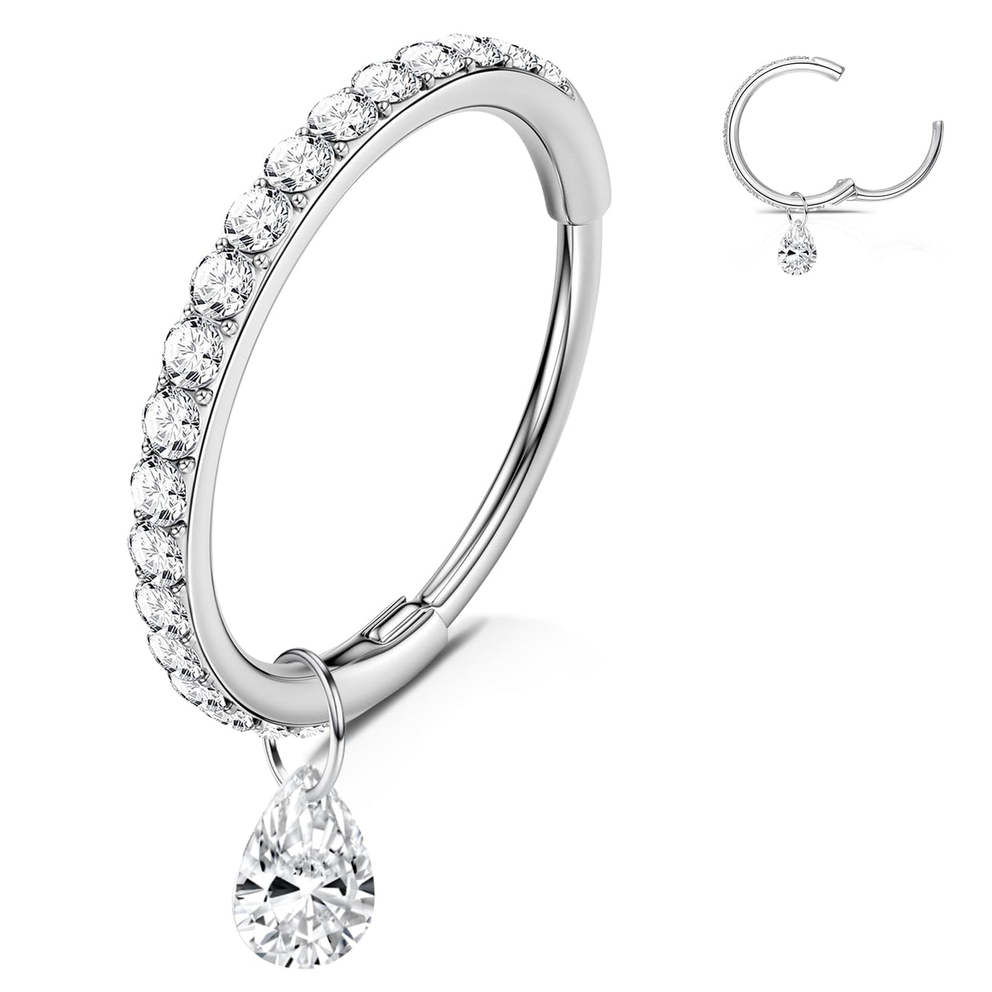 WBRWP 316L Stainless-Steel Hinged Nose Rings Hoop : Womens and Mens Ear Pierecing Dangle Ring with Zircon 16G(1.2mm) Septum Clic