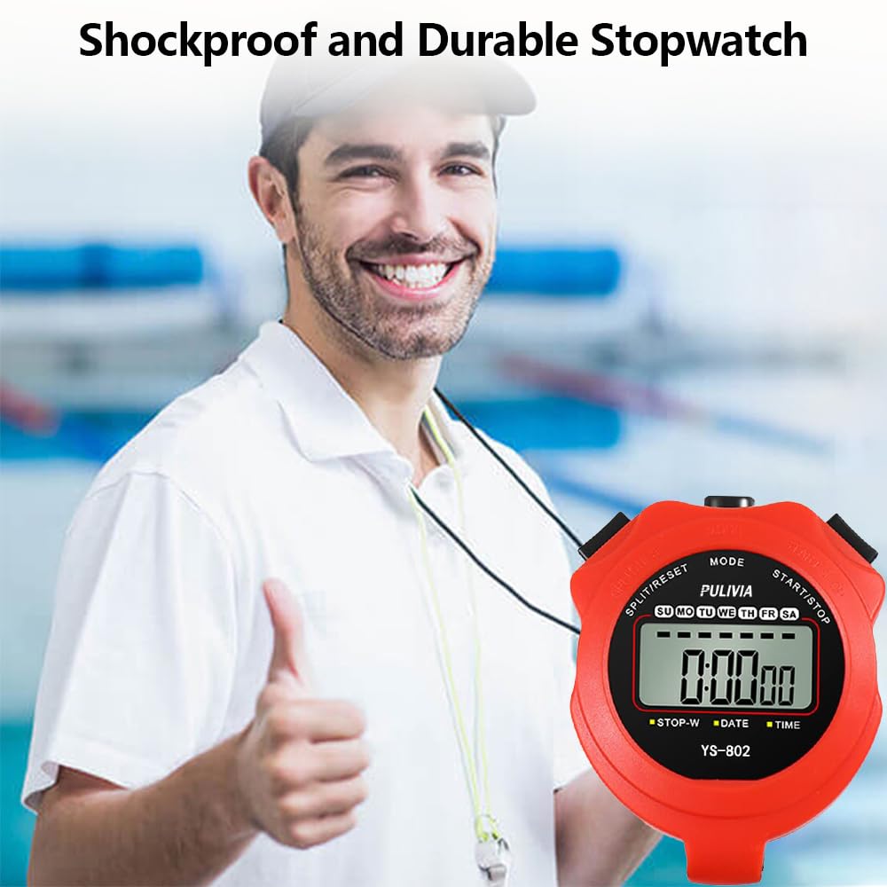 PULIVIA Sports Stopwatch Timer Single Lap Split Digital Stop Watch for Sports Kids Coaches Swimming Running, Red