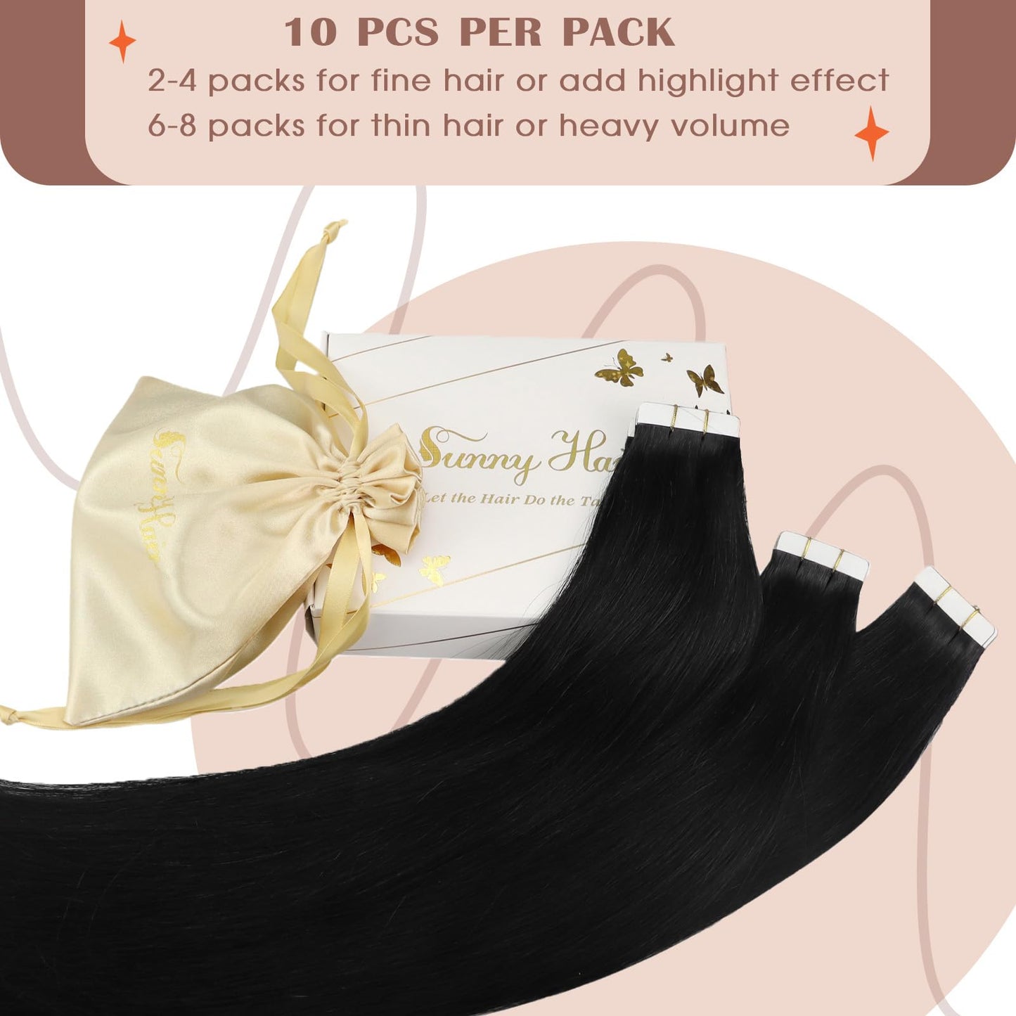 Sunny Hair Tape in Hair Extensions Real Human Hair Invisible Remy Hair Extensions Tape ins for Women Jet Black 22 inch 25G