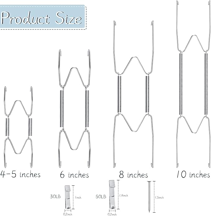 Hotop 20 Pieces Invisible Wall Plate Hangers 4/5/6/8/10 Inches Wall Plate Hangers Stainless Steel Decorative with 20 Pieces Hook with Nails for Decorative Antique and Arts(Silver)