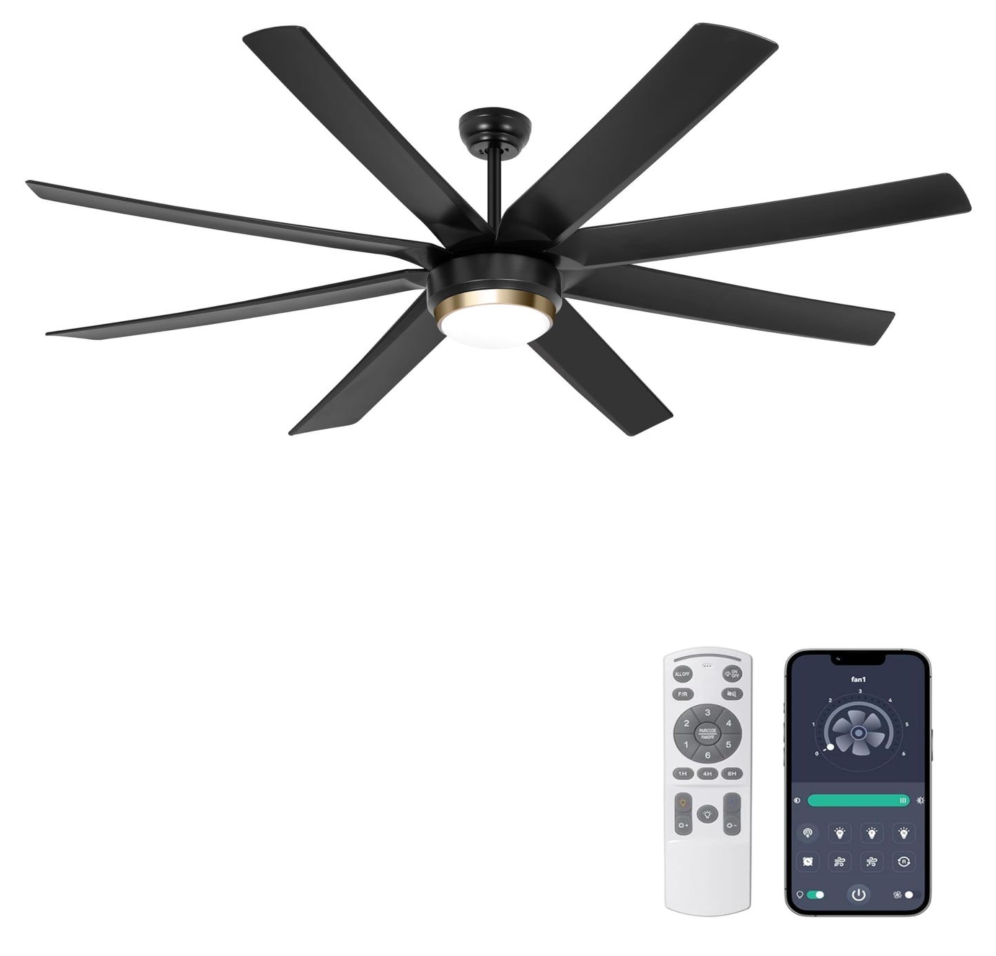Ohniyou 70 Ceiling Fans With Lights, Matt Black Ceiling Fan Remote/App Control, Dimmable, Quiet Dc Motor Indoor/Outdoor Ceilin