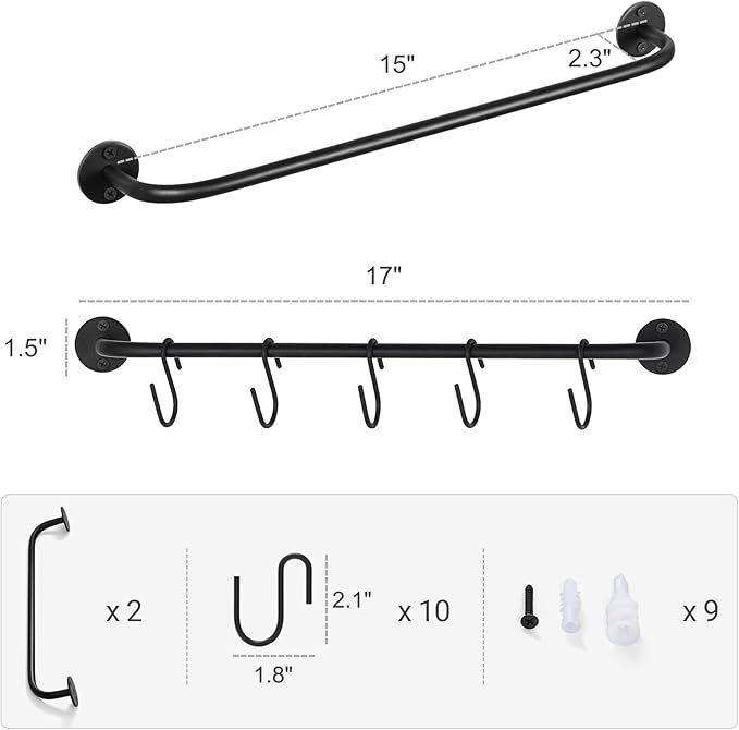 Mkono Mug Holder Wall Mounted Coffee Cup Rack Hanger Modern Metal with 10 Mug Hooks Rustic Utensil Tea Cups Storage Organizer for Kitchen Dining Room Coffee Bar, Set of 2, Black
