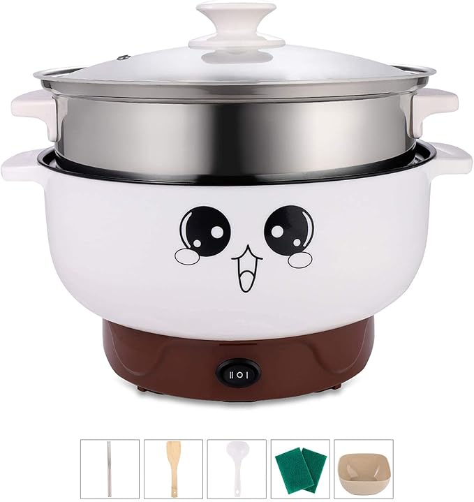 2.8L (with Lid and Steamer) 4-IN-1 Multifunction Electric Cooker Skillet Grill Pot Wok Electric Hot Pot for Noodles Cook Rice Fried Stew Soup Steamed Fish Boiled Egg Non-stick