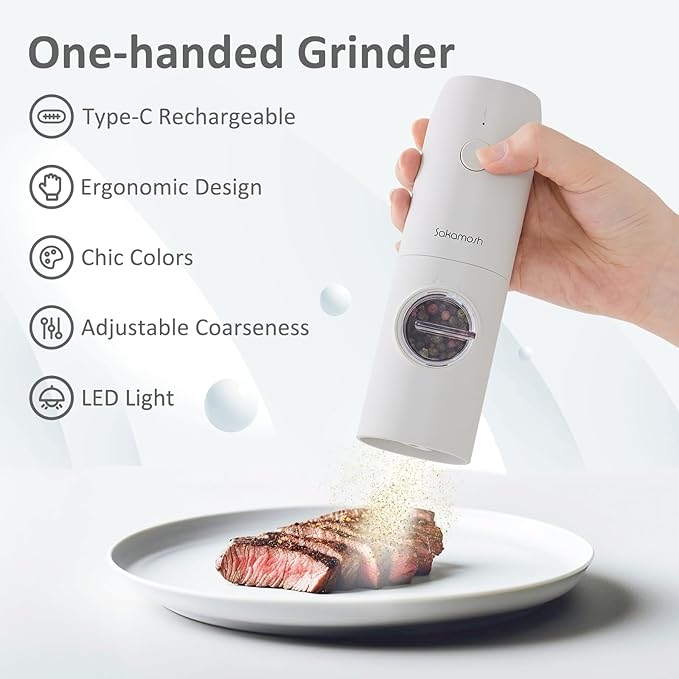Electric Salt and Pepper Grinder Set Rechargeable, Light Grayish White Automatic Pepper Grinder with Adjustable Coarseness, LED Light, Electric Salt and Pepper Shakers Refillable (2 Packs)