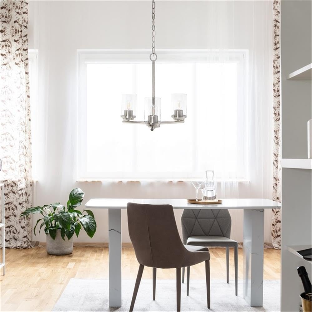 LALIA HOME 3-Light Pendant Chandelier, Clear Glass & Metal, 15in Brushed Nickel, Model LHP-3012, Ideal for Kitchen, Foyer, Living Room