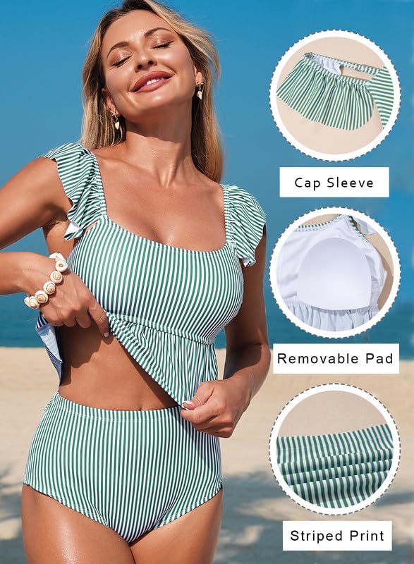 Dokotoo Two Piece Tankini Swimsuits for Women 2026 Square Neck Ruffle Cap Sleeve Bathing Suits Striped Swim Suits
