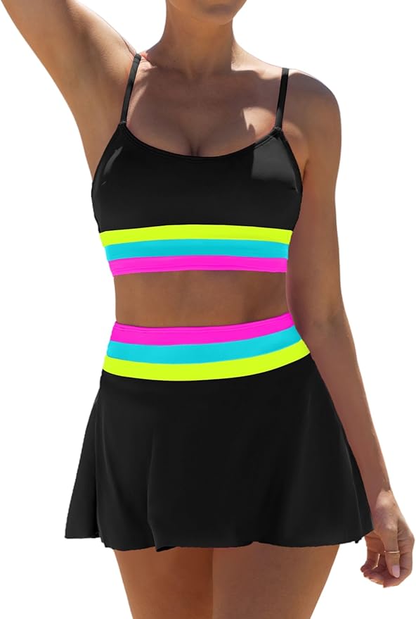 popvil High Waisted Bikini Sets for Women Tummy Control Swimsuits Neon Swimwear 3 Piece Bathing Suits with Skirt 2026
