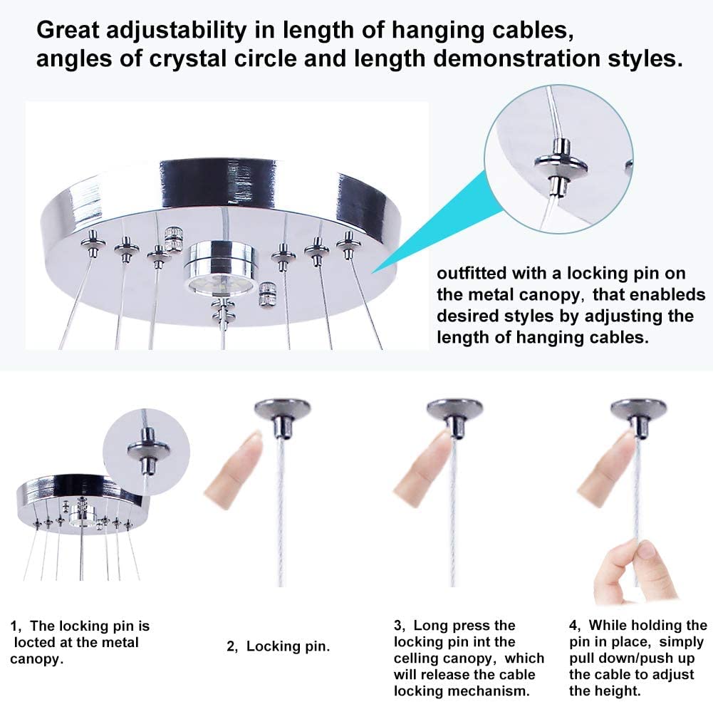 diisunbihuo Dimmable LED Chandelier Pendant Light, 3 Rings, Adjustable, Stainless Steel, Silver, Model 234-Dimmable
