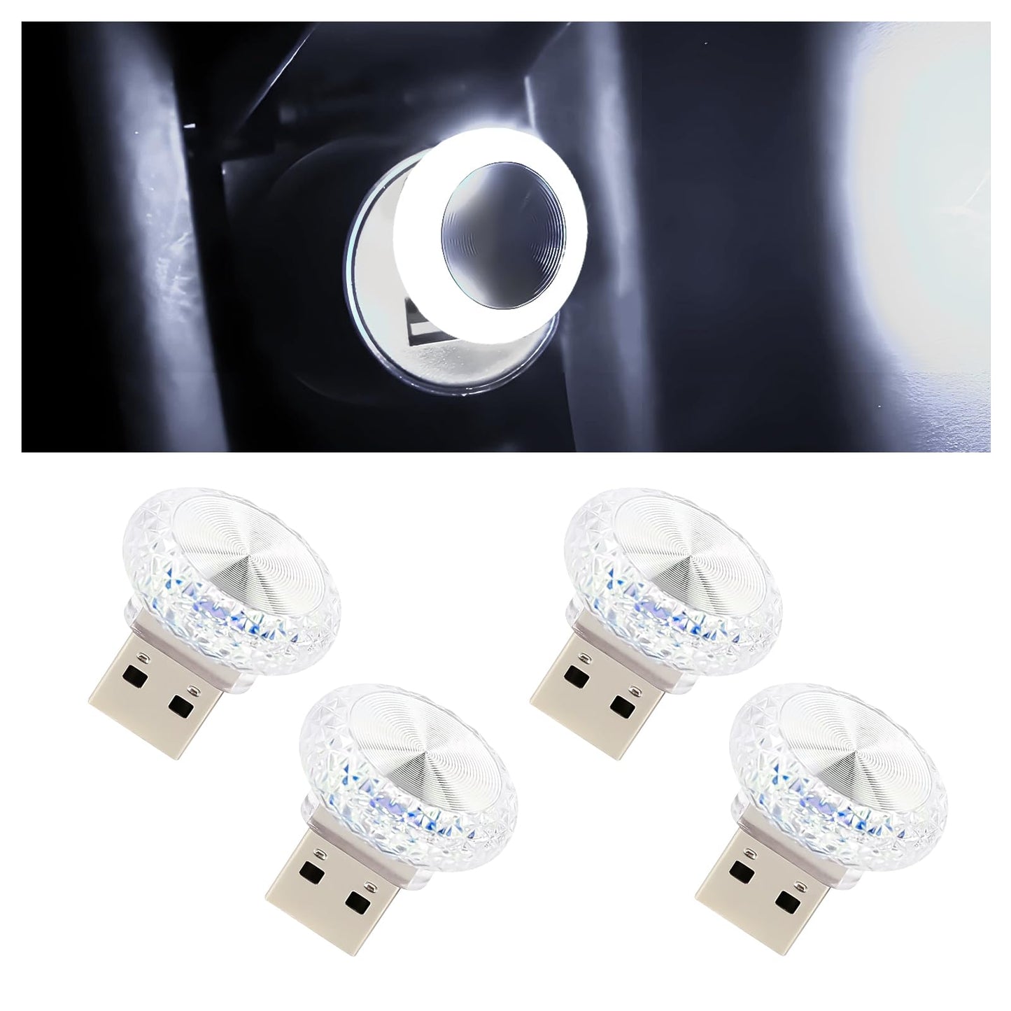 Hovom 4Pcs Usb Led Car Interior Atmosphere Lamp  Portable Mini Car Led Night Light Decoration  Plug-In Usb Automotive Ambient Lighting Kit  Universal For Cars Suvs Trucks Rvs (White)