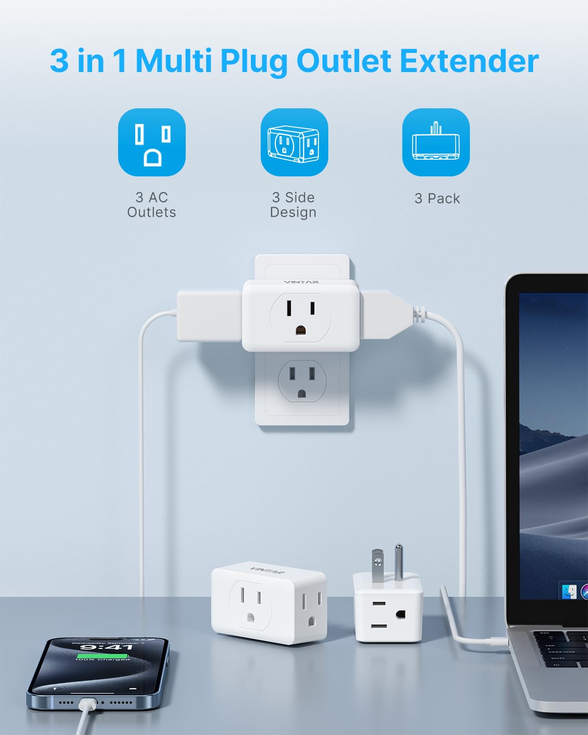 Multi Plug Wall Outlet Extender 2 Pack, Vintar Electrical Multiple Outlet Splitter, 3 Way Plug Adapter, Small Wall Expander For